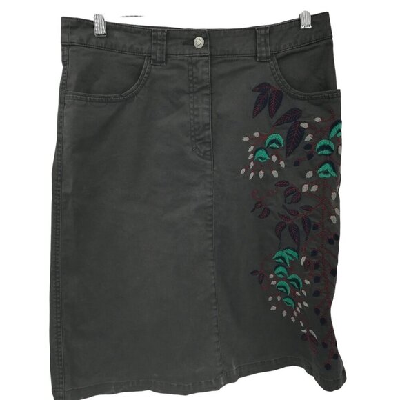 Oilily Gray Embroidered Knee Length Boho Skirt Size 38 US 8 Floral Stretch Chino - Picture 1 of 13